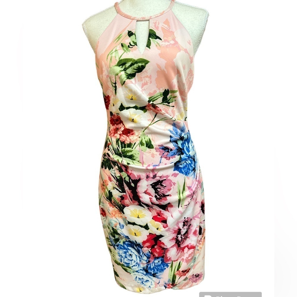 Guess Coral Multicolored Floral Halter Keyhole Side Ruching Bodycon Dress Size 6